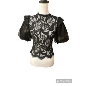 Peach Small Black Lace Sheer Short Sleeve Top